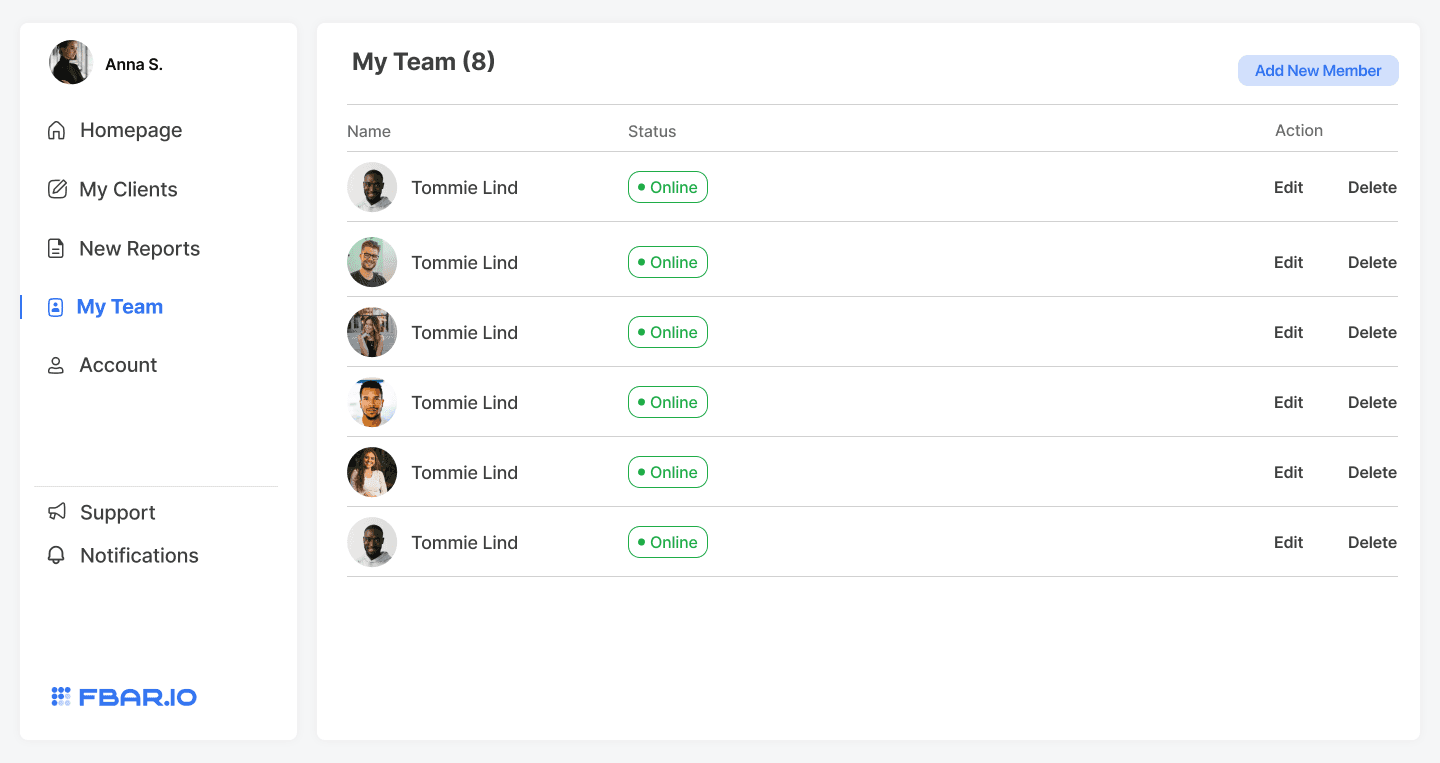 Screenshot of teams page of Fbar.io accountant application showing a list of team members and the ability to add new members.